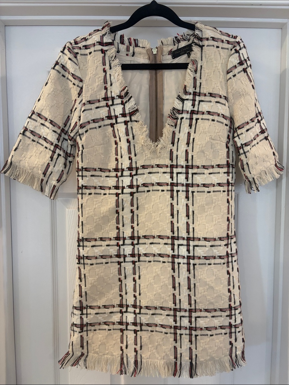 House of Harlow 1960 Cream Plaid Fringe V-Neck Shift